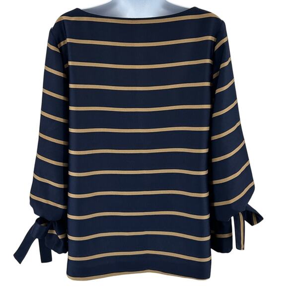 Banana Republic Blouse SZ S Navy Blue Tan Striped Poet Sleeve Boat NeckTie Cuff - Picture 4 of 7